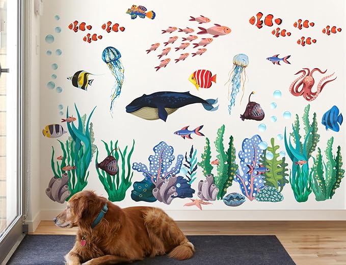 6 Sheets Under The Sea World Wall Decals Ocean Animals Wall Decals Removable DIY Watercolor Whale Jellyfish Fish Starfish Seaweed Ocean Grass Decor for Kids Living Room Bedroom Bathroom Decor