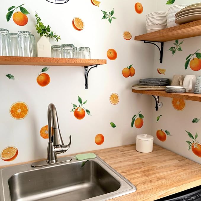 Fruit Orange Wall Decals,Orange Wall Stickers,Tangerine Fruit and Leaves Decal,Vinyl Wall Decals for Bedroom Living Room Nursery Wall Decor Wall Art(Orange)