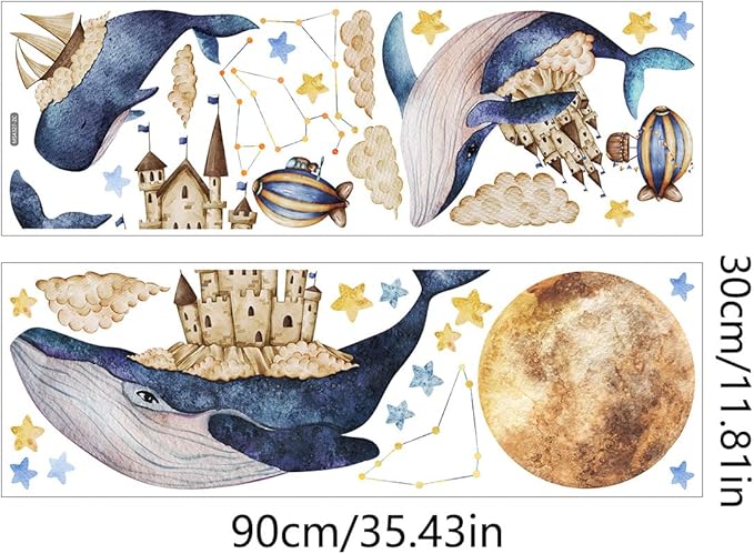 Ocean & Space Whale Wall Sticker - Colorful Watercolor Art, Easy to Apply