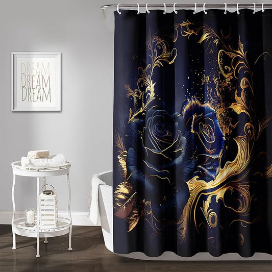 AILONEN Blue Rose Shower Curtain 36"W*72"H for Bathroom,Mystic Blue Gold Flower Glitter Rose Print Bath Curtain,Girls Women Teen Adults Bath Curtain Polyester Waterproof Shower Curtain With 12 Hooks