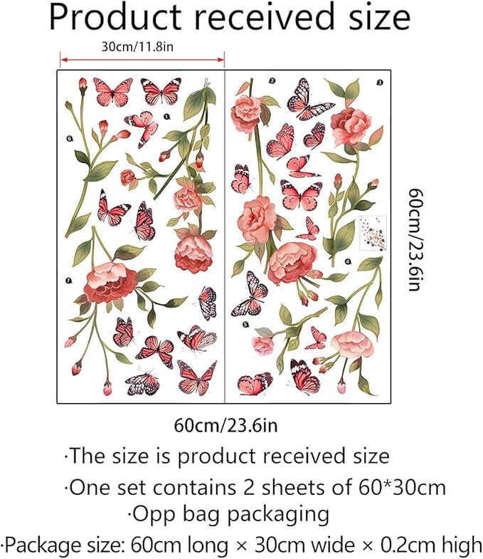 Pink Flowers Wall Decals Removable Butterflies Floral Flowerl Wall Stickers DIY Vinyl Self Adhesive Wall Mural for Nursery TV Background Kids Gilrs Rooms Bedroom Decoration