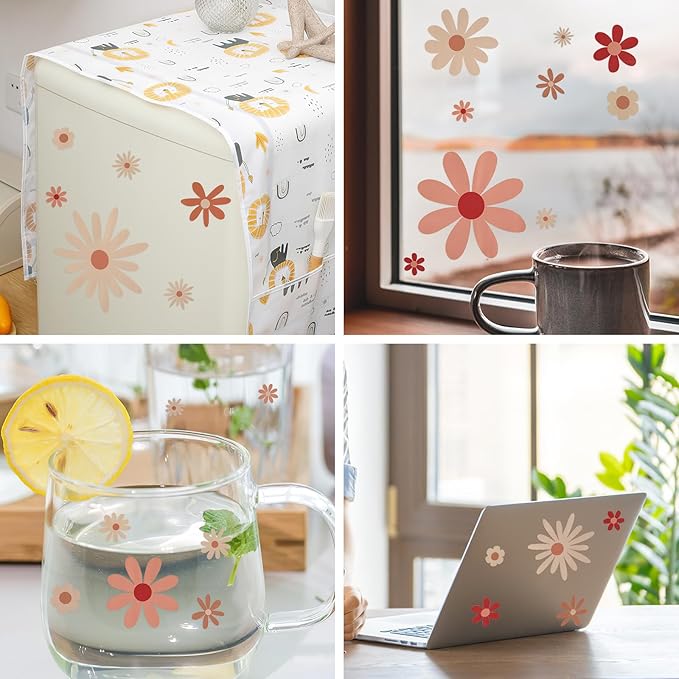 40pcs Daisy Wall Decals Boho Cute Vinyl Wall Decor Peel and Stick Floral Stickers for Girls Kids Nursery Bedroom Playroom Classroom Living Room Wall Art (4 Sheets, Classic)
