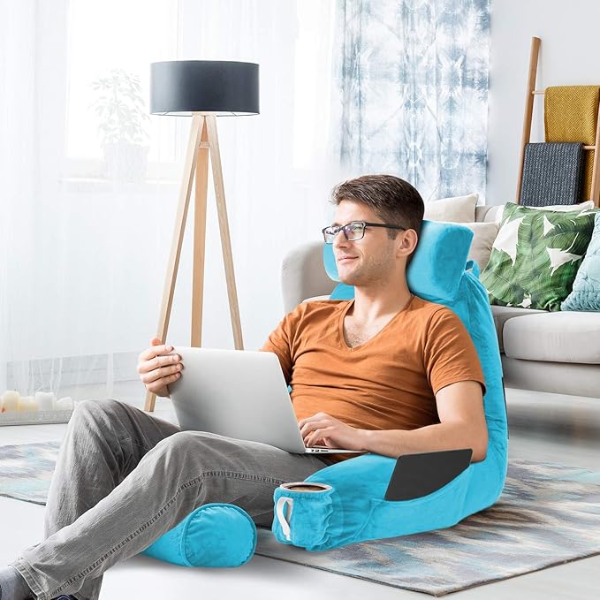 Nestl Reading Pillow Large Bed Pillow, Back Pillow for Sitting in Bed Shredded Memory Foam Chair Pillow, Reading & Bed Rest Pillows Bright Blue Back Pillow for Bed, Bed Chair Arm Pillow with Pockets