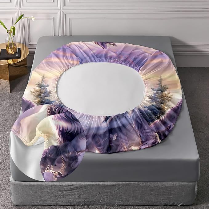 AILONEN Wolf Fitted Sheet Set Twin Snow Wolf Bed Sheet Set, Wolfmother and Wolf Pups Theme Bedding Set 3 Pieces Wildlife Wolf Sheet Set for Boys Girls,1 Fitted Sheet with 2 Pillowcases