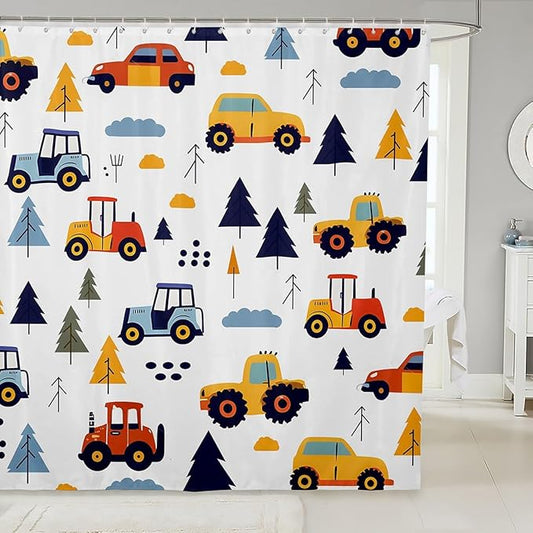 Feelyou Excavator Shower Curtain Cartoon Car Bathroom Shower Curtain Set Construction Vehicles Bath Curtain for Kids Boys Girls Equipment Trucks Kids Bathroom Accessories 72"x72"