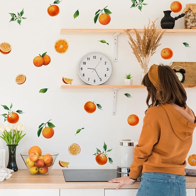 Fruit Orange Wall Decals,Orange Wall Stickers,Tangerine Fruit and Leaves Decal,Vinyl Wall Decals for Bedroom Living Room Nursery Wall Decor Wall Art(Orange)