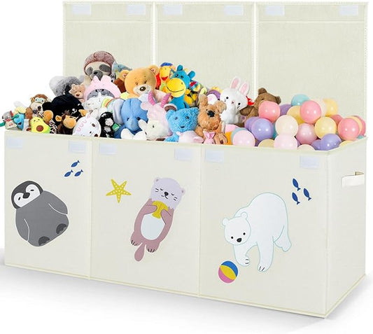 Large Toy Box Storage Chest,Sturdy Toys Storage Organizer Bin Basket with Dividers and Lids for Toddlers,Boys,Girls,Nursery,Closet,Living Room Area,Playroom(Beige Animals)