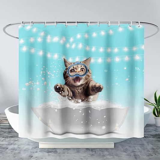 AILONEN 3D Bathtub Cat Shower Curtain for Kids 72" W*96" H Inch,Kawaii Diving Cat Leaps Out of Bathtub Shower Curtain,12 Pack Hooks Polyester Waterproof Fabric Decor for Bathroom Bathtub Panels