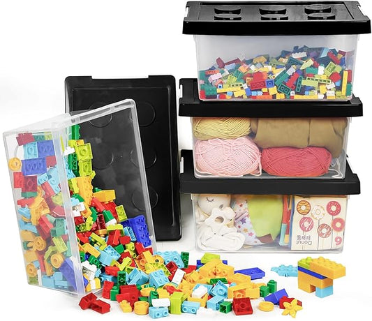 loobuu Toy Storage Organizer Bins with Lid - Stackable Plastic Organizer Box Set of 4, Kids Toy Chests with Compatible Building Baseplate and Lid, Storage Container for Building Bricks & Toys-Black