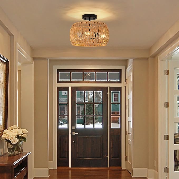 Boho Semi Flush Mount Ceiling Light - Rattan Light Fixture with Hand-Woven Shade, 3 Light Farmhouse Chandelier Coastal Wicker Light Fixtures for Kitchen Bedroom Foyer Nursery Entryway