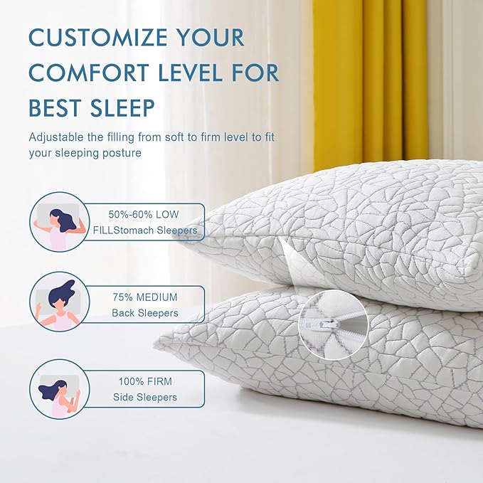 Dafinner Adjustable Shredded Memory Foam Pillow Standard/Queen Size - 100% Removable Cover from Bamboo Derived Rayon, Cooling Medium Bed Pillow for Side Stomach & Back Sleepers - Pack of 1, 20"x28"