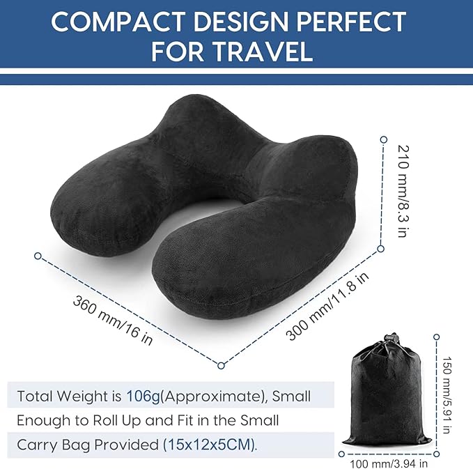 Inflatable Travel Pillow for Airplane Inflatable Neck Pillow for Traveling with Soft Velvet Washable Cover for Sleeping, Airplane,Train, Car, Office, Contoured Eye Masks, Earplugs
