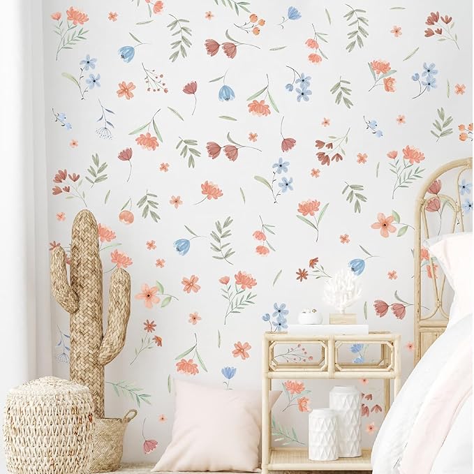 Boho Floral Wall Decals Small Flower Leaf Wall Stickers Watercolor Wildflower Botanical Plant Leaves Wall Stickers Removable Boho Flower Wall Decals for Nursery Kids Room Girls Bedroom Decor