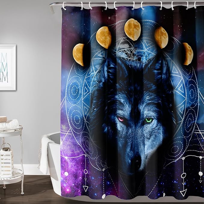 AILONEN Wolf Shower Curtain,Boho Moon Wolf Bath Curtain for Bathroom Decor,Galaxy Wolf Polyester Waterproof Whit 12 Plastic Hooks 48" W*72" H