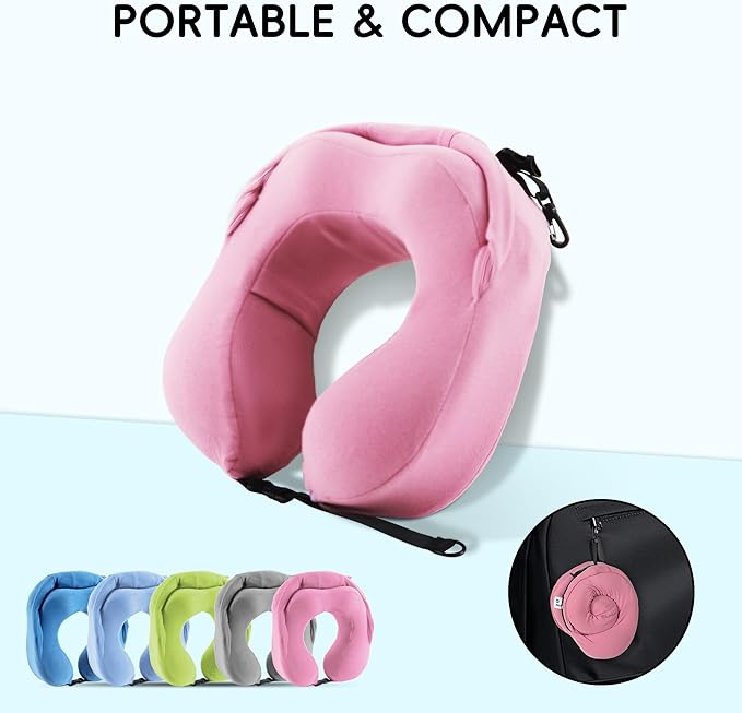 Travel Pillow with Hood for Airplane, 100% Pure Memory Foam Hooded Neck Pillow for Traveling, Car, Office, Soft, Machine Washable, Easy Storage, Pink