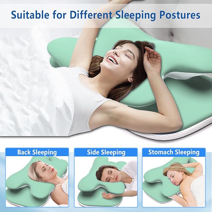Cervical Neck Pillow for Pain Relief, Contour Memory Foam Pillow with Ice Silk Pillowcase, Neck Support Pillows, Ergonomic Orthopedic Pillow for Back, Side, Stomach Sleepers (Green)