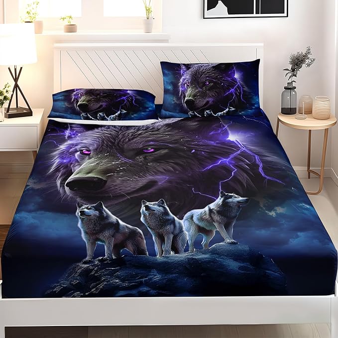 AILONEN Wolf Fitted Sheet Set Twin Size, Black Wolf Lightning Howling Wolf Bed Sheet Set for Boys,Wildlife Soft 3D Printed Fitted Sheet with 2 Pillowcases,3 Pieces