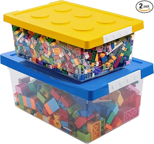 loobuu Plastic Storage Bins with Lids - Stackable Toy Storage Organizer Box Set of 2, Kids Toy Chests with Compatible Building Baseplate and Lid, Storage Container for Building Bricks - Yellow+Blue