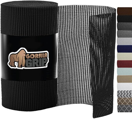 Gorilla Grip powerGRIP Drawer Shelf and Cabinet Liner, Thick Strong Hold, Non-Adhesive Liners Protect Kitchen Cabinets and Cupboard, Bathroom Drawers, Easy Install, Breathable Mat, 17.5" x10', Black