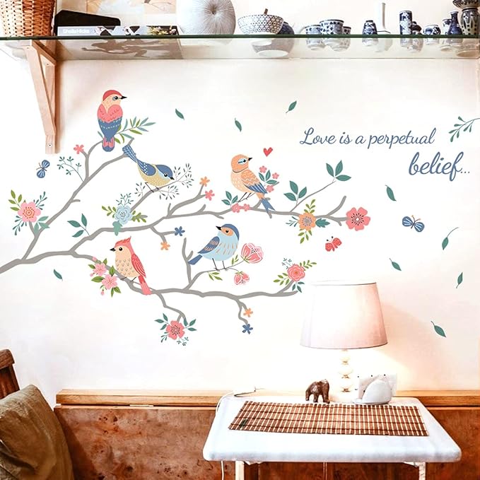 Cartoon Birds on The Tree Branch Wall Sticker Green Leaf and Flying Bird Wall Sticker DIY Art Vinyl Wall Decal Decoration for Garden Living Room Bedroom Kitchen Playroom Nursery Room