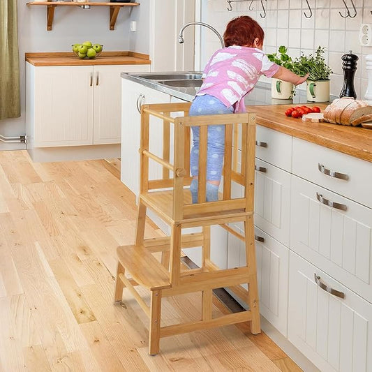 COSYLAND Kids Kitchen Step Stool,Toddler Standing Tower with CPC Certification, Removable Anti-Drop Railing Safety Rail Enjoys Unique Patented Design A Anti-tip Structure More Stable, Natural Bamboo