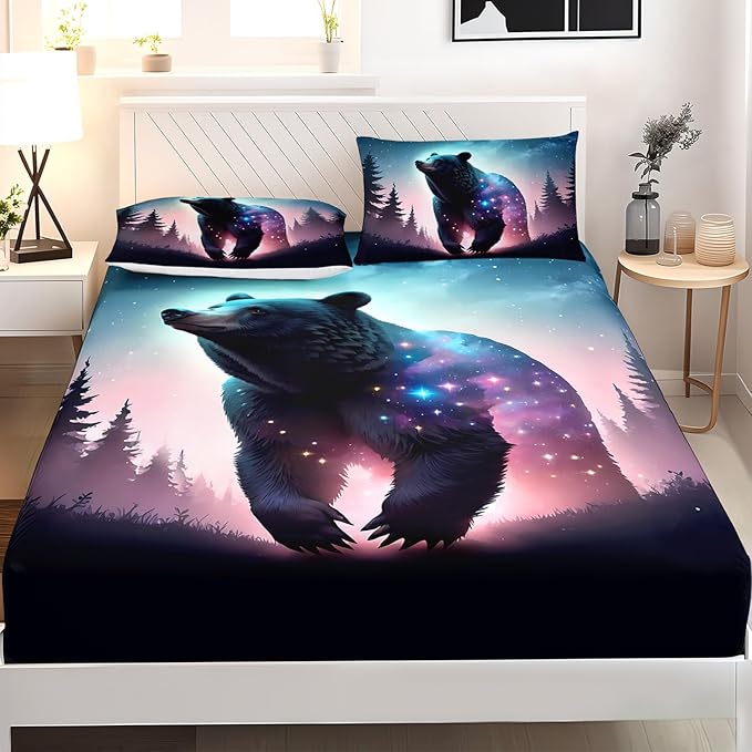 AILONEN Bear Fitted Sheet Set Twin XL Size, Evening Starry Sky Forest Bear Bed Sheet Set Decor,Animal Bear Wildlife Fitted Sheet and 2 Pillowcases,3 Pieces