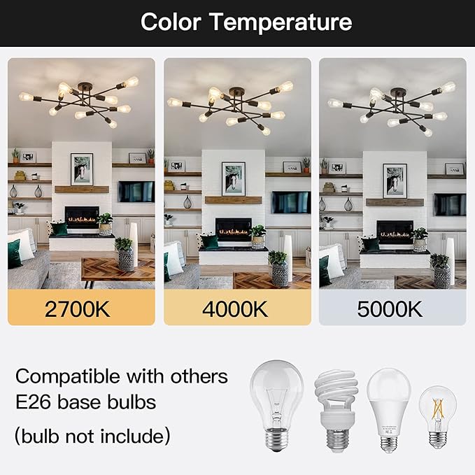 ZGLAOJT Black Semi Flush Mount Ceiling Light Fixture,9 Light Modern Metal Chandelier,Ceiling Light for Kitchen Farmhouse Island Dining Room Bedroom