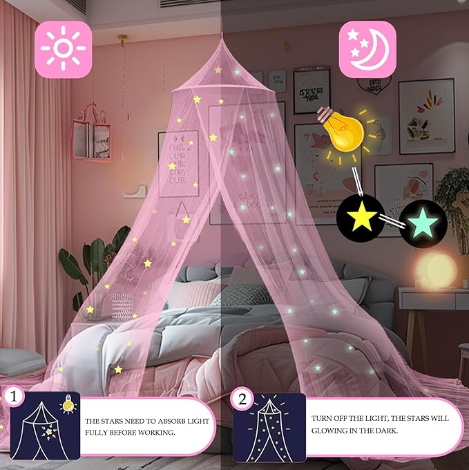 Daksha Pink Princess Bed Canopy for Girls with Glowing Stars, Ceiling Tent for Kids, Fits Twin, Full, and Queen Size Beds, Suitable for Indoor Room Decor and Outdoor Use