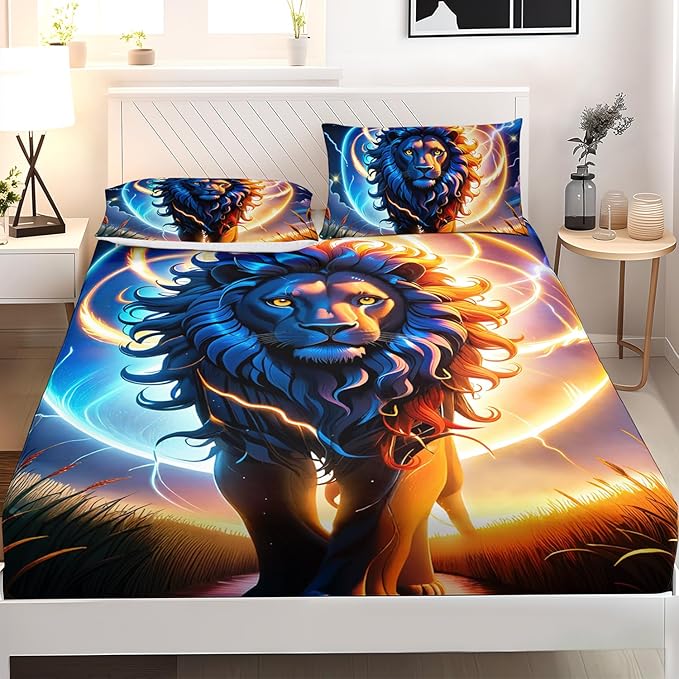 AILONEN Lion Fitted Sheet Set Queen Size, Constellation Lightning Lion Bed Sheet Set for Boys Girls,Blue Sky Starry Animal Lion Breathable Fitted Sheet and 2 Pillowcases,3 Pieces