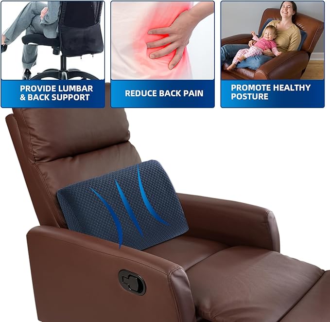 MABOZOO Memory Foam Back Support Cushion for Recliner Chair,Lumbar Support Pillow for Elderly,Extra Large Lumbar Support Pillow with Extension Straps,Navy Blue