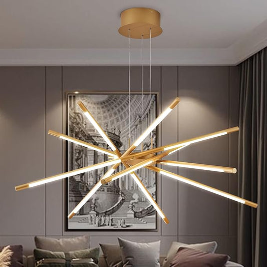Gold 12-Light Modern Led Chandelier Flush Mount DIY Linear Art Deco Chandeliers Fixture for Dining Room,Staircase Bedroom,Bathroom,Living Room,Foyer and Kitchen Island Easy to Install Lamp