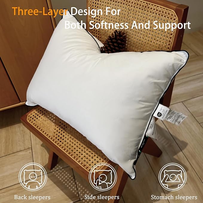 Natural Goose Down Pillows - White Down Pillow Standard Size - 550 Fill Power - Soft and Support Down Bed Pillow for Back,Side,Stomach Sleepers,2 Pack (20" x 26")