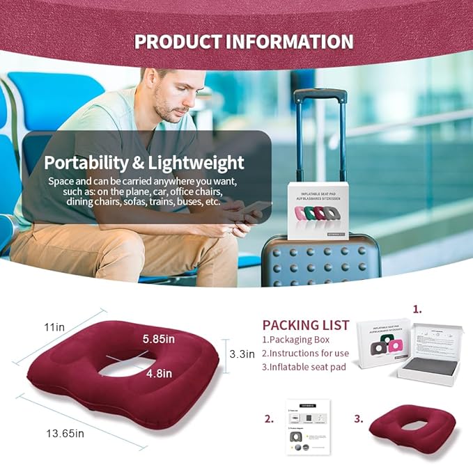 Inflatable Donut Pillow,Hemorrhoid Cushion- Excellent for Tailbone, Prostate, Sciatica, Bed sores, Postpartum Pregnancy, Post-Surgical Pain-Orthopedic Firm seat Cushion for Home, Office or car (red)