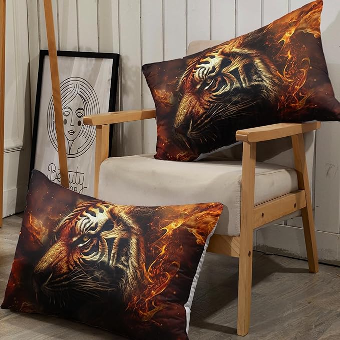 AILONEN Tiger Fitted Sheet Set Twin XL Size, 3D Fire Animal Tiger Bed Sheet Wildlife Sheet Set,Teen Boys 3 Pieces Printed Safari Tiger Fitted Sheet with 2 Pillowcases
