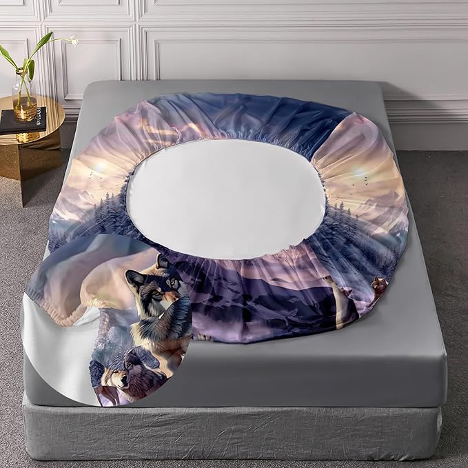 AILONEN Snow Wolf Fitted Sheet Set Queen Size, Winter Sunset Wildlife Wolf Bed Sheet Set for Boys Girls Adults,Safari Wolves Print Fitted Sheet with 2 Pillowcases,3 Pieces