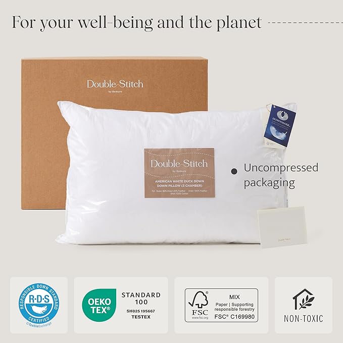 Double Stitch Luxury US White Down Pillow - Made in Canada, 400 Thread Count 100% Cotton Shell, Soft 700 Fill Power Down Bed Pillow, Soft Sleeping Pillow 3-Chamber, Standard(20" x 26") 