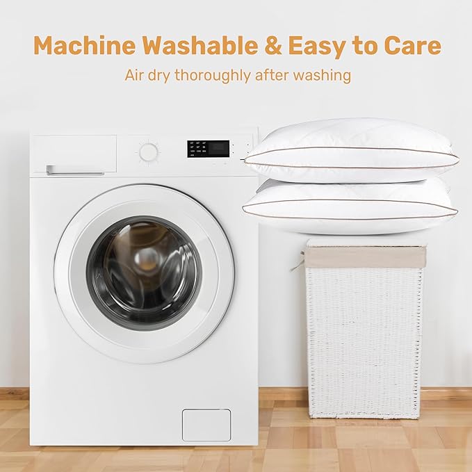 UNIKOME Natural Goose Feathers and Down Pillow - Queen Size Set of 2, Medium Firm Pillow with 100% Cotton Cover, Gussted & Quilting Design Hotel Collection Bed Pillows for Back, Stomach, Side Sleeping