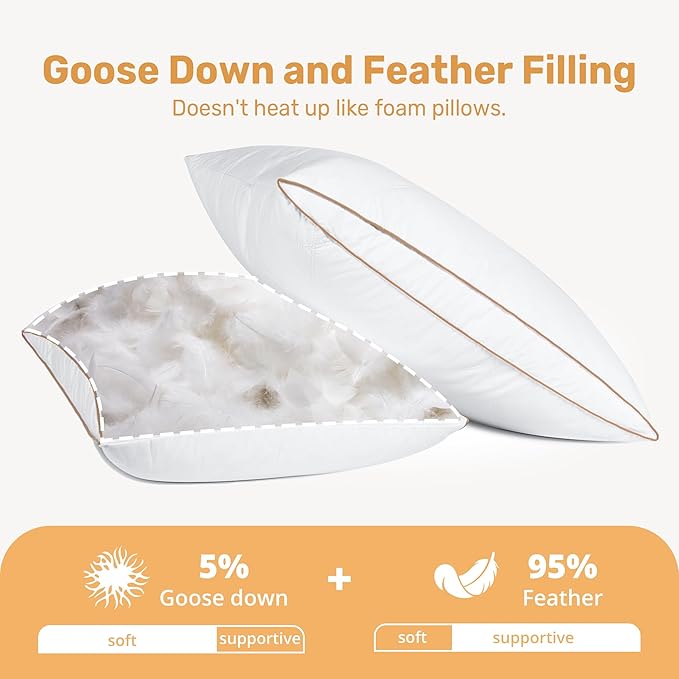 UNIKOME Natural Goose Feathers and Down Pillow - King Size Set of 2, Medium Firm Pillow with 100% Cotton Cover, Gussted & Quilting Design Hotel Collection Bed Pillows for Back, Stomach, Side Sleeping