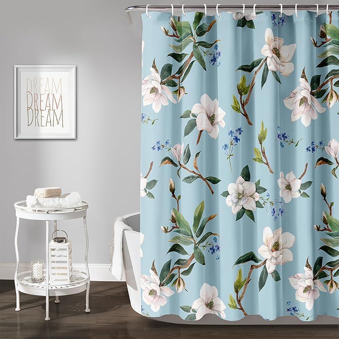 AILONEN Flower Shower Curtain, White Gardenia on Blue Background Fabric Shower Curtains for Bathroom,Elegant Floral Pattern Shower Curtain Set for Girls Women Couple,72" W*72" H