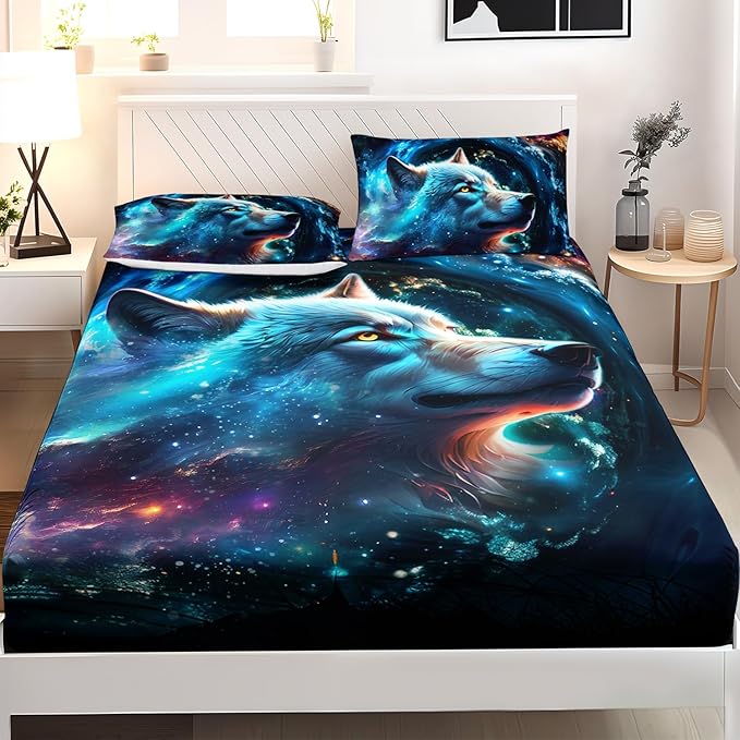 AILONEN Wolf Fitted Sheet Set Full Size, Space Galaxy Wolf Bed Sheet Set for Boys Girls,Howling Wolf Safari Wolf Breathable Fitted Sheet and 2 Pillowcases,3 Pieces