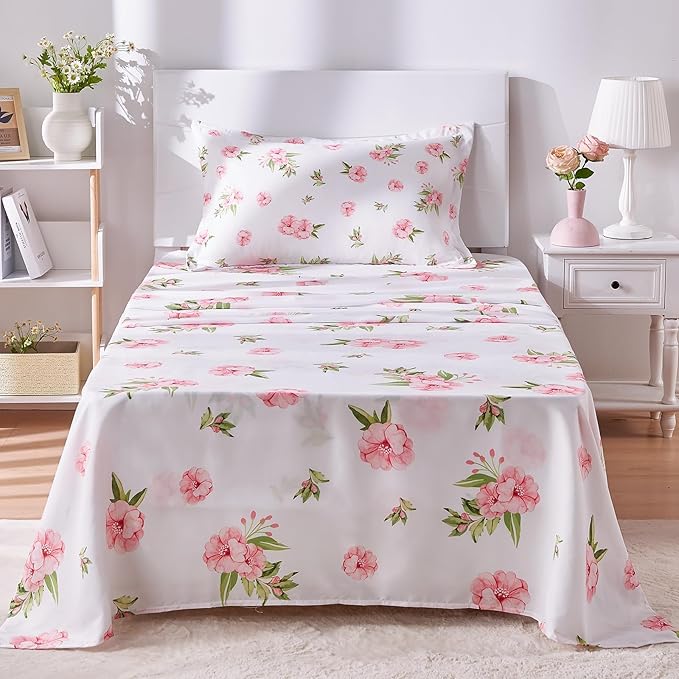Twin Sheets Set White Pink Floral Bed Sheets Set Girls Cute Microfiber Cooling Sheets 3 Pieces Kids Twin Size Bed Set Wrinkle Free, 15 inch Deep Pocket Fitted Sheet, Flat Sheet, Pillowcase