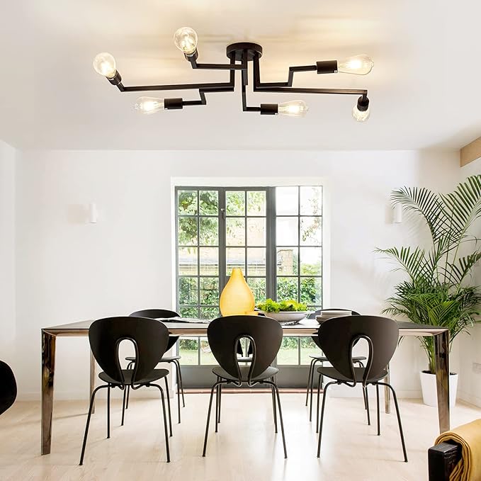 ZGLAOJT 6- Lights Ceiling Light Fixture,Vintage Semi Flush Mount Ceiling Light,Black Chandelier for Dining Room Living Room Kitchen Farmhouse.