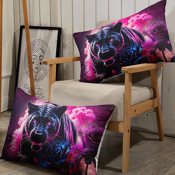 AILONEN Black Panther Fitted Sheet Set Twin Size,Red Rose Romantic Smoky Lightning Leopard Print Bed Sheet Set,Safari Animal Cheetah Fitted Sheet and 2 Pillowcases,3 Pieces