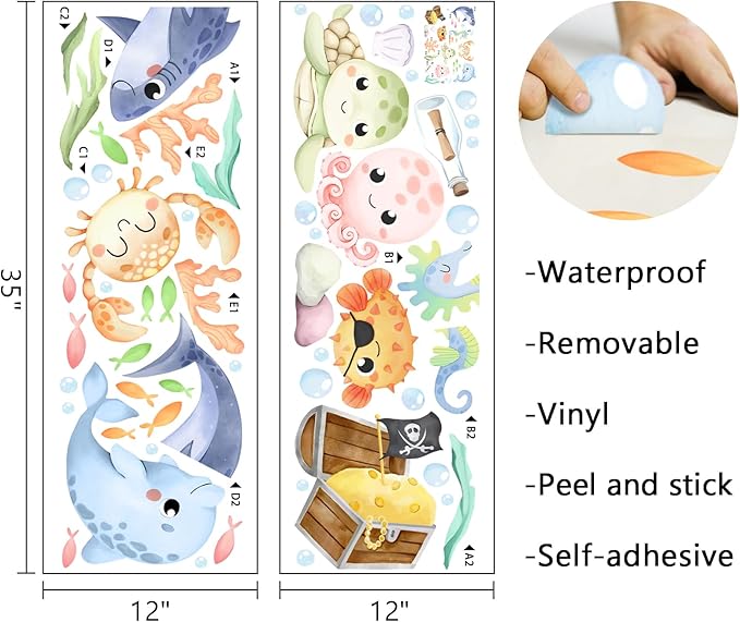 Mfault Under The Sea Ocean Creature Wall Decal Stickers, Coastal Shark Dolphin Octopus Crab Turtle Sea Horse Fish Nursery Decoration Bedroom Art, Marine Animal Treasure Beach Toddler Kids Room Decor