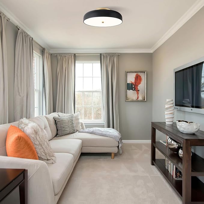 Dimmable LED Ceiling Light Fixture, 2700K-6000K 5CCT Modern Mid-Century Semi Flush Mount Ceiling Light, Black Close to Ceiling Lamp for Bedroom, Living Room, Kitchen, Laundry Room, 15.7in