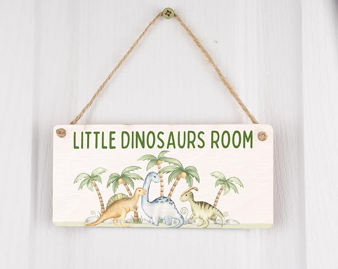 Dino Adventure Plywood Hanging Sign - Full Colour Kids Room Décor - Reads 'Little Dinosaurs Room' - Cute Dinosaur Theme Nursery & Door Sign, Silver