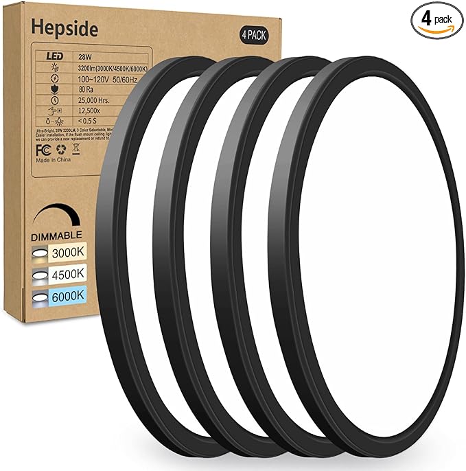 4PACK Flush Mount LED Ceiling Light Fixture Black, 12Inch 28Watt, Dimmable & 3000K-4500K-6000K 3 Color Selectable Ceiling Lamp 3200LM Low Profile Ceiling Light for Kitchen Bedroom Hallway Porch