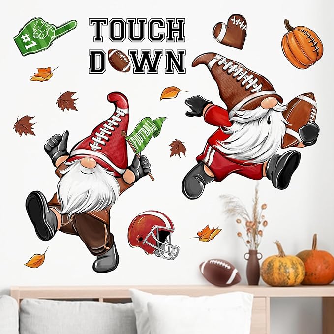 Mfault Fall Football Gnome Wall Decals Stickers, Autumn Sport Game Touch Down Decorations Bedroom Art, Rugby Pumpkin Helmet Home Kitchen Living Room Decor