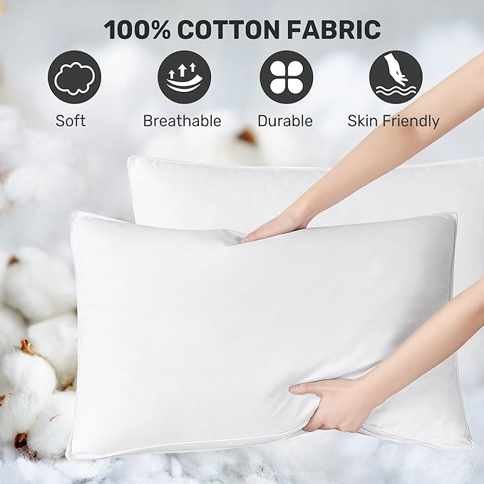 UNIKOME Goose Down Feather Pillows with 100% Cotton Cover, Gusseted Bed Hotel Collection Pillows for Sleeping, Standard Size, Set of 2