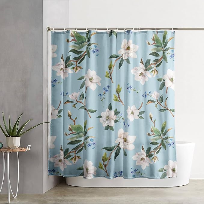 AILONEN Flower Shower Curtain, White Gardenia on Blue Background Fabric Shower Curtains for Bathroom,Elegant Floral Pattern Shower Curtain Set for Girls Women Couple,72" W*72" H